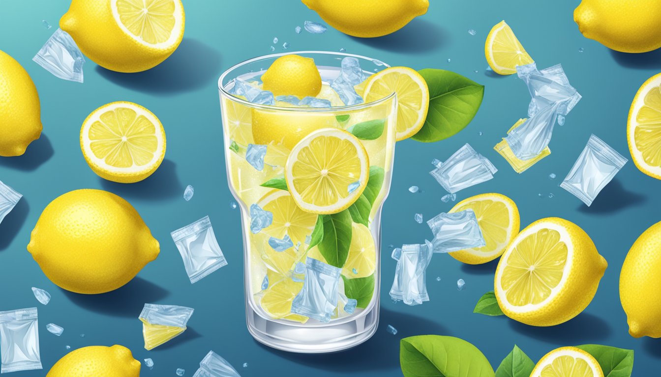 A glass of water with multiple True Lemon water enhancer packets scattered around it