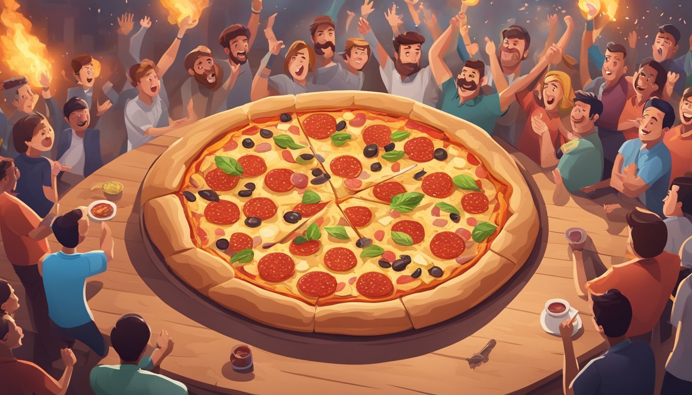 A large wood-fired pizza with inferno toppings sits on a table, surrounded by cheering spectators and a timer