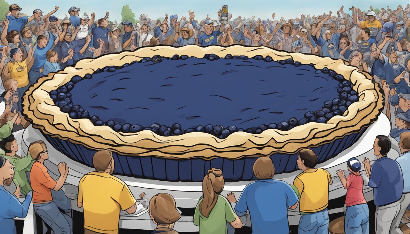 A giant blueberry pie sits on a table, surrounded by cheering spectators at the Big Bleu Challenge in Minnesota