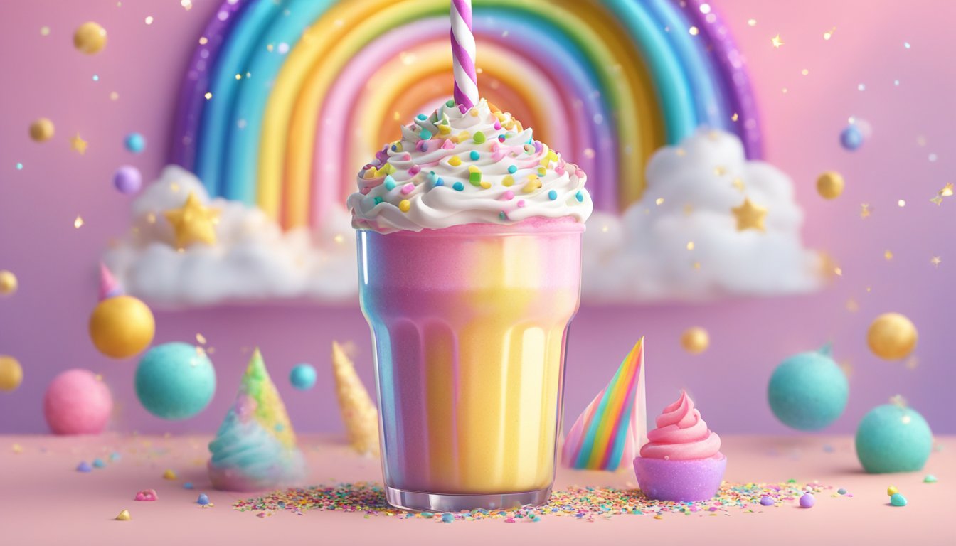 A colorful unicorn-themed milkshake surrounded by sparkles and rainbow sprinkles, served in a whimsical dessert shop