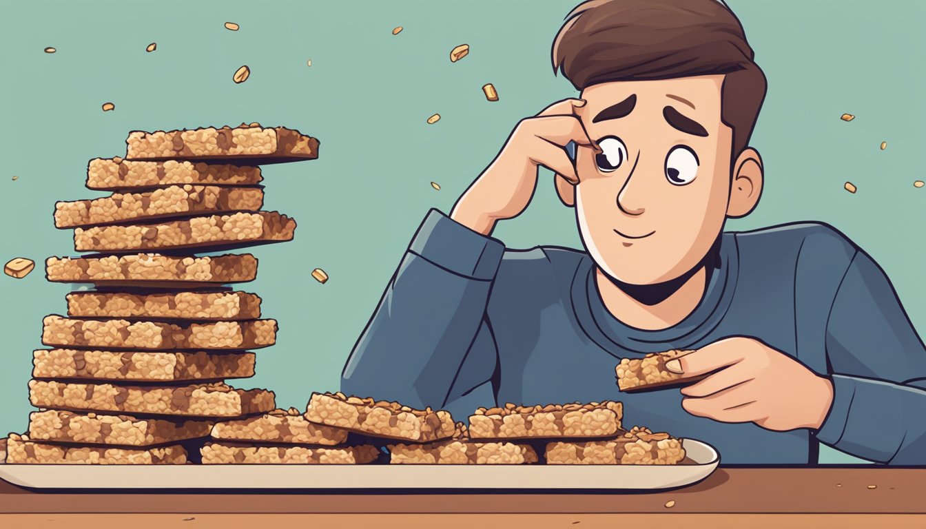 A pile of oatrageous granola bars stacked on a plate, with a few bars scattered around and a concerned expression on a person's face nearby