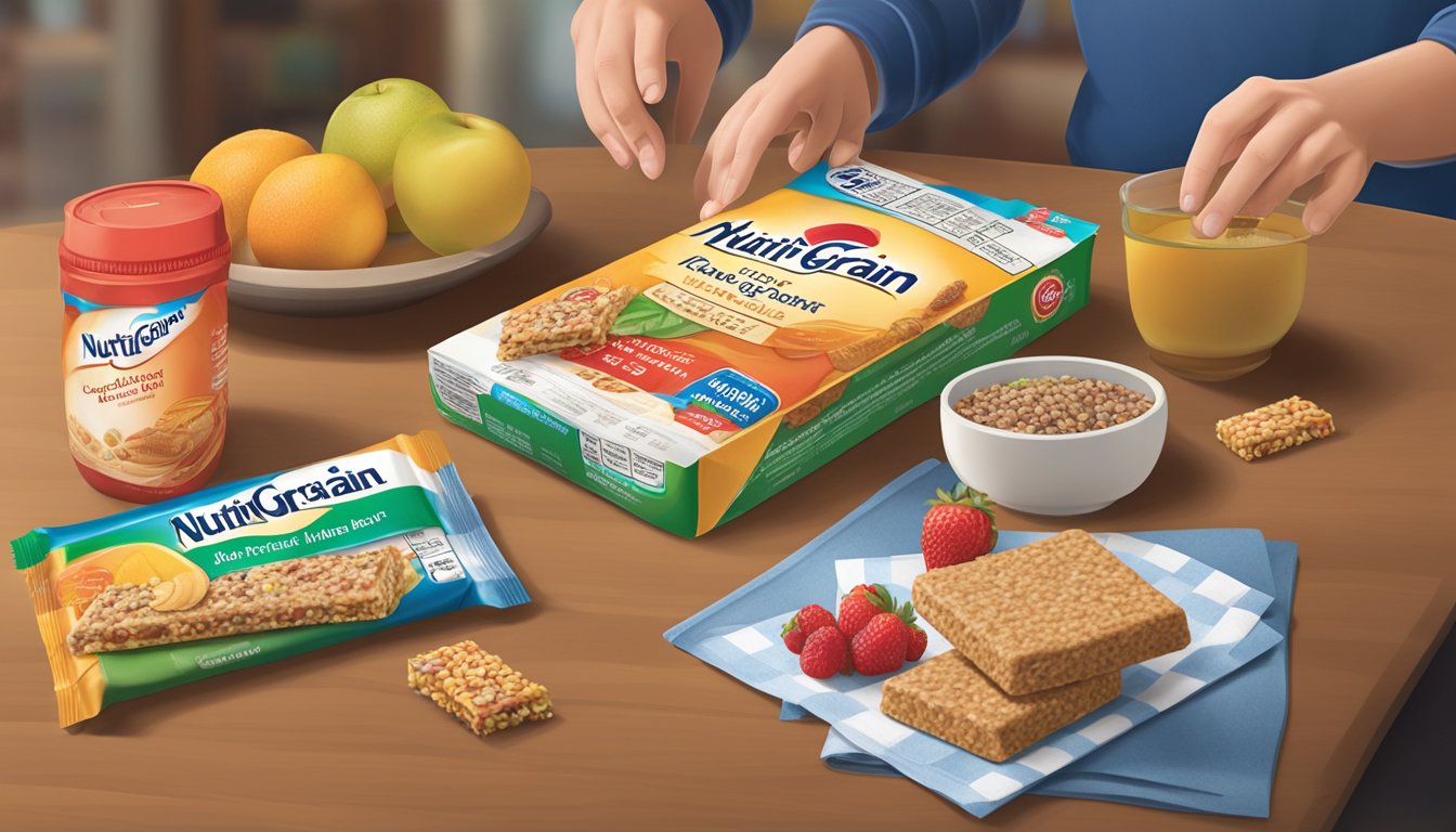 A table with an assortment of Nutri-Grain fruit and grain bars, a nutrition label, and a person counting the bars