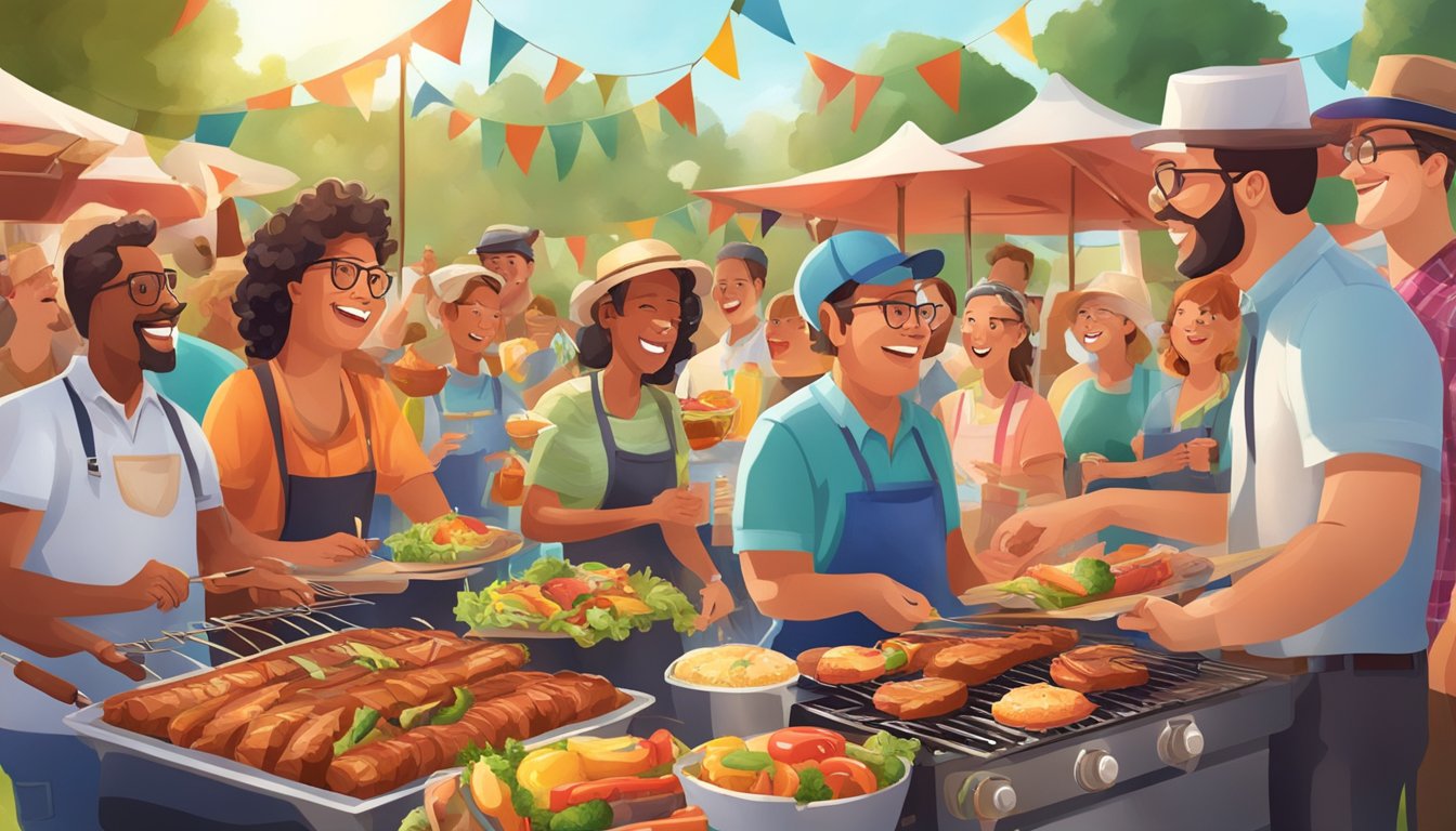 A crowded outdoor BBQ event with a mix of traditional and quirky food challenges, featuring a lively atmosphere and colorful decorations