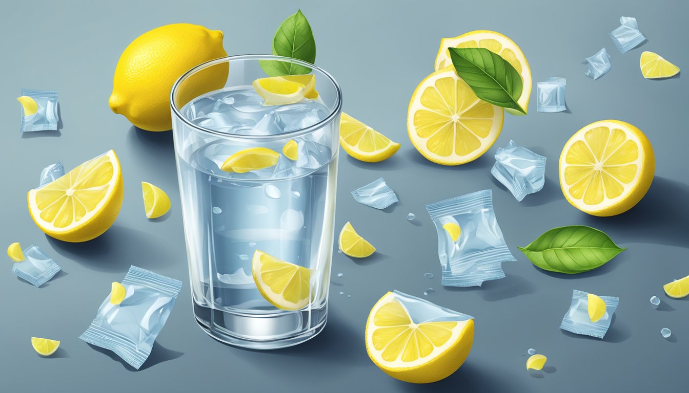 A glass of water with multiple True Lemon packets scattered around