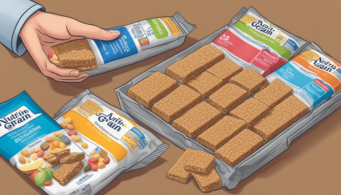 A table with an array of Nutri-Grain bars, a nutrition label, and a hand reaching for one