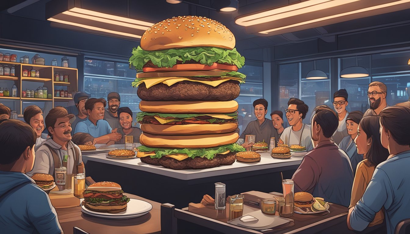 A towering stack of Whopper burgers, surrounded by a crowd of onlookers, under the bright lights of The Chomp Kitchen & Drink