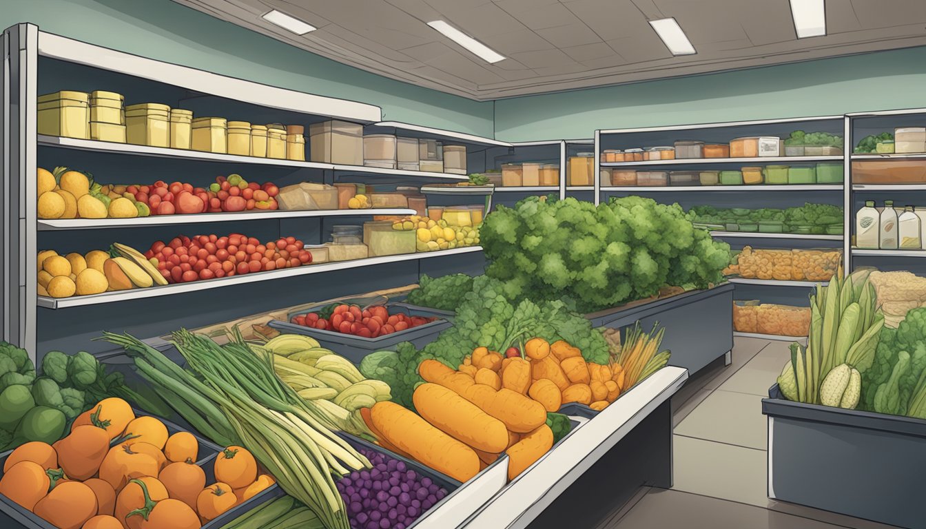 A table filled with locally grown produce, next to empty shelves in a food pantry