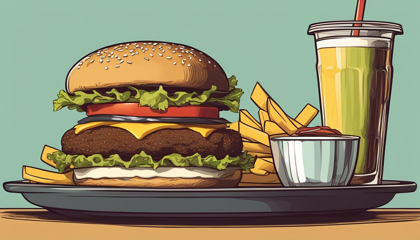 A towering burger with multiple patties, cheese, lettuce, and tomato, served with a side of fries and a large drink on a plate