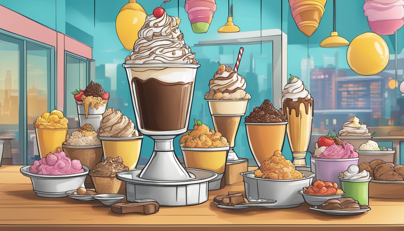 A towering 10-pound sundae sits on a table, surrounded by an array of toppings and sauces. The Ice Cream Factory's challenge awaits