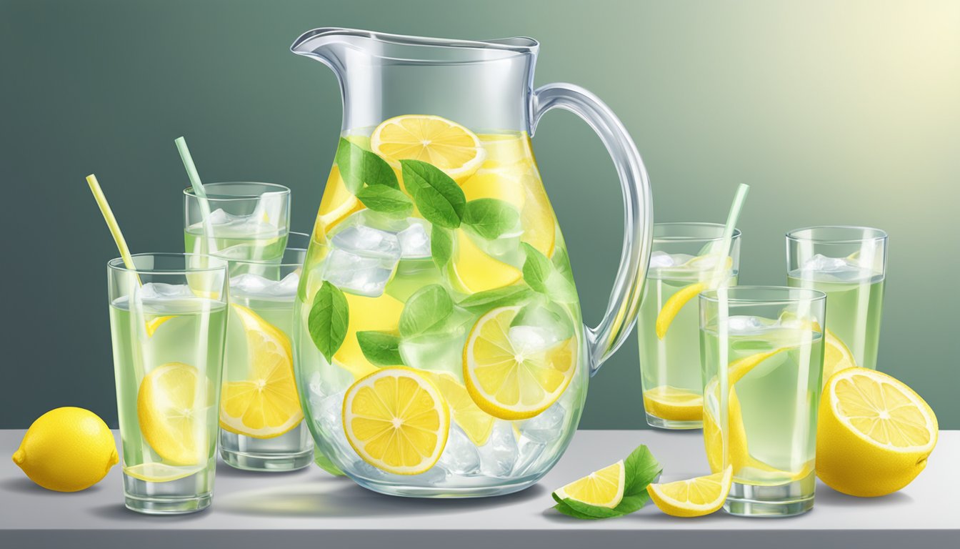 A pitcher overflows with multiple bottles of True Lemon water enhancer, surrounded by empty glasses