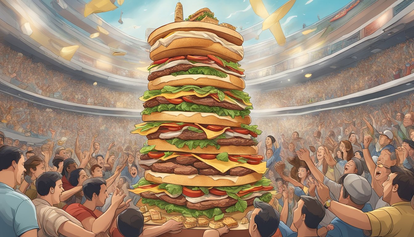 A towering sandwich overflowing with layers of meat, cheese, and vegetables, surrounded by onlookers cheering on the brave challenger