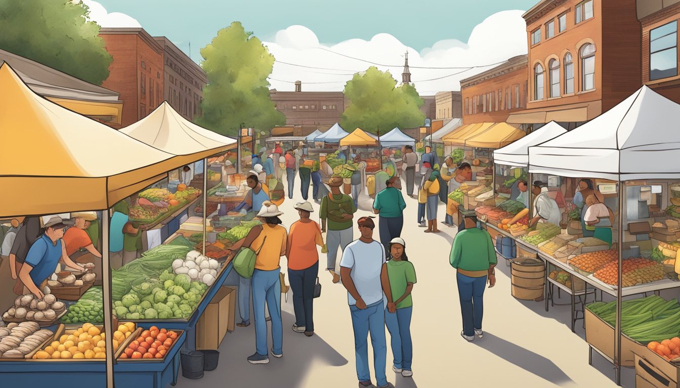 A bustling farmers' market with diverse vendors selling locally sourced ingredients, showcasing the fusion of cultural influences in Michigan's cuisine