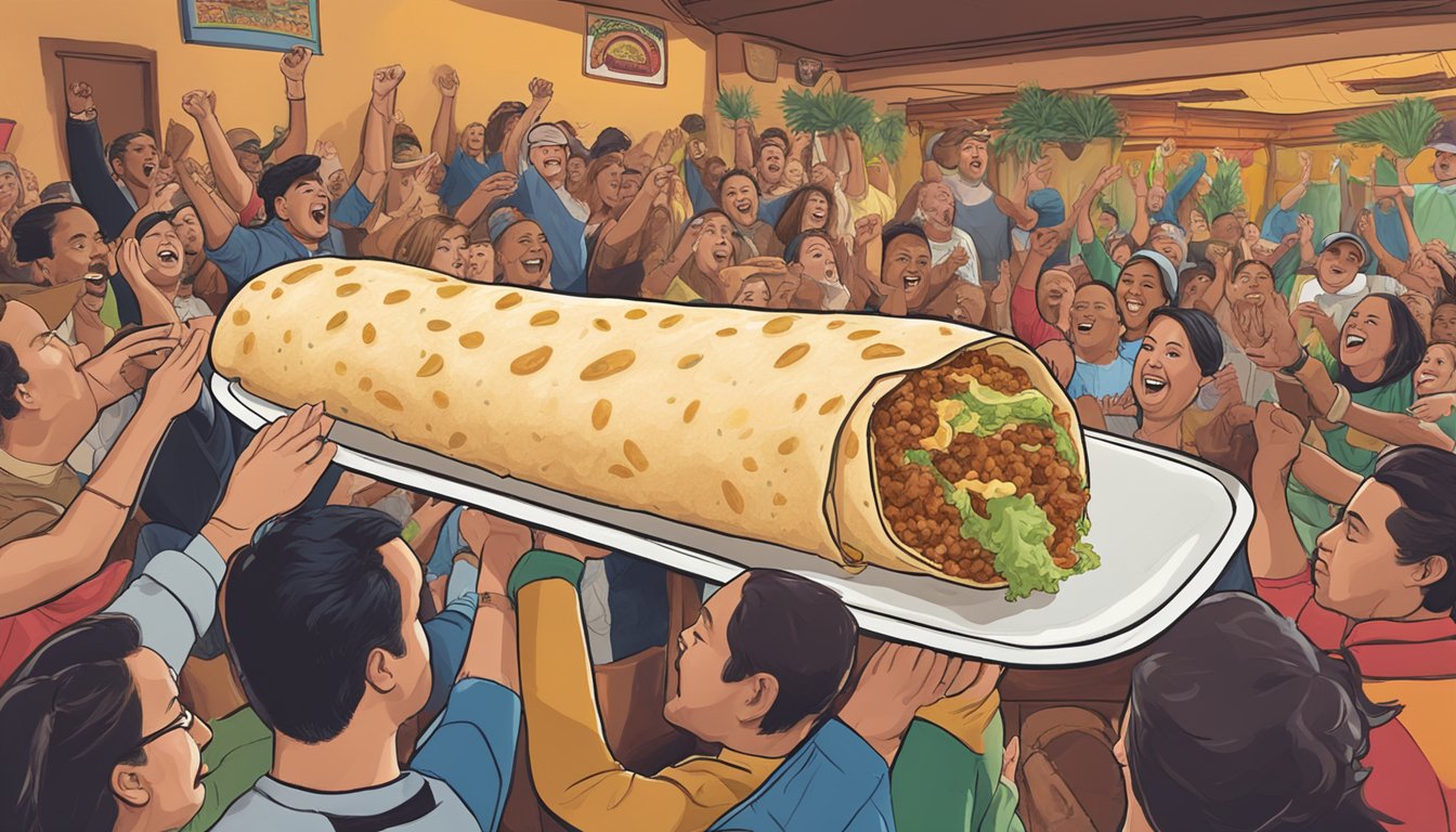 A massive burrito sits on a plate surrounded by cheering spectators at Margaritas Mexican Restaurant in Massachusetts