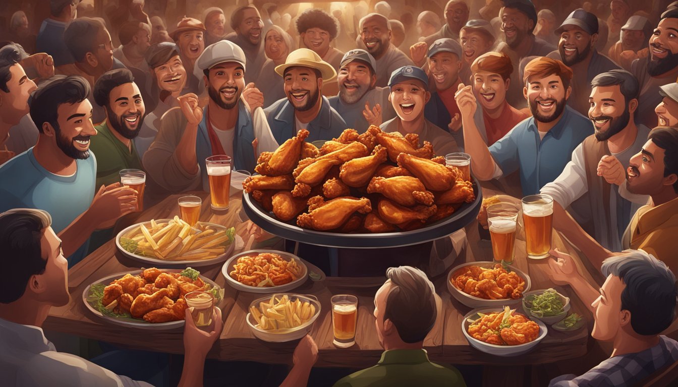 A massive platter of spicy chicken wings surrounded by cheering spectators in a rustic tavern setting