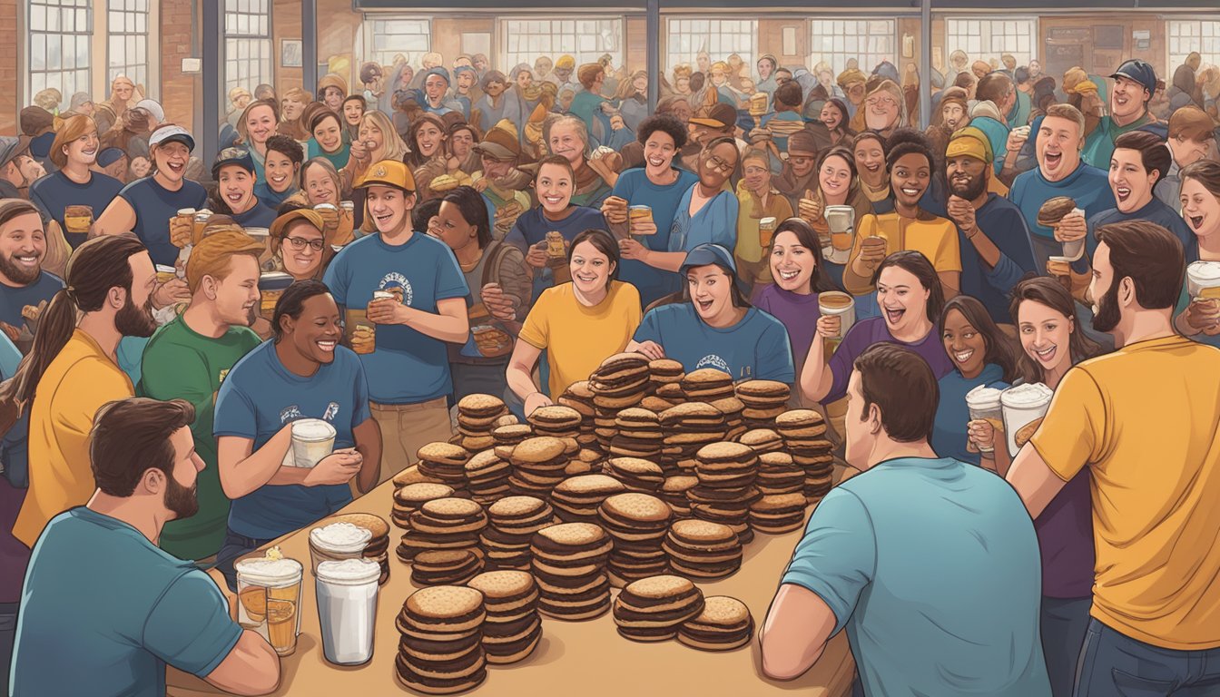 A crowded Massachusetts brewery hosts the Brew Whoopie Pie Challenge, with participants eagerly devouring the oversized treats