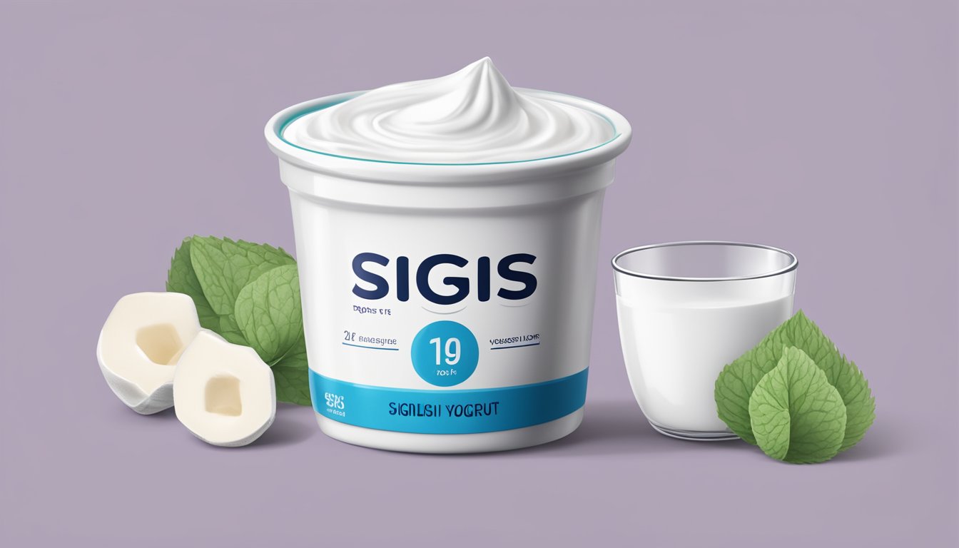 A bowl of siggis icelandic yogurt with a measuring cup next to it, indicating a single serving size