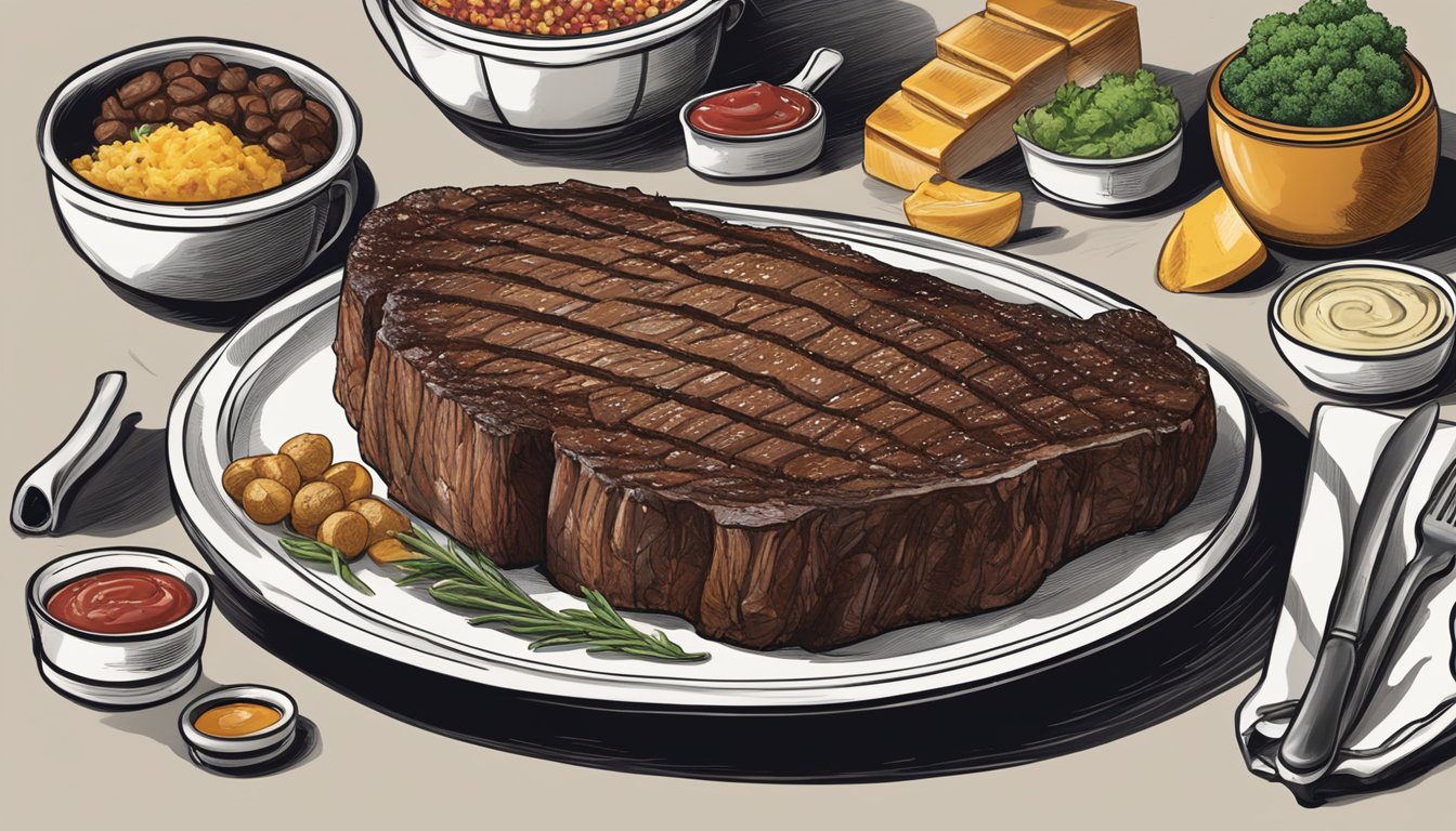 A massive 72oz steak on a plate surrounded by sides and condiments at The Prime Rib in Maryland