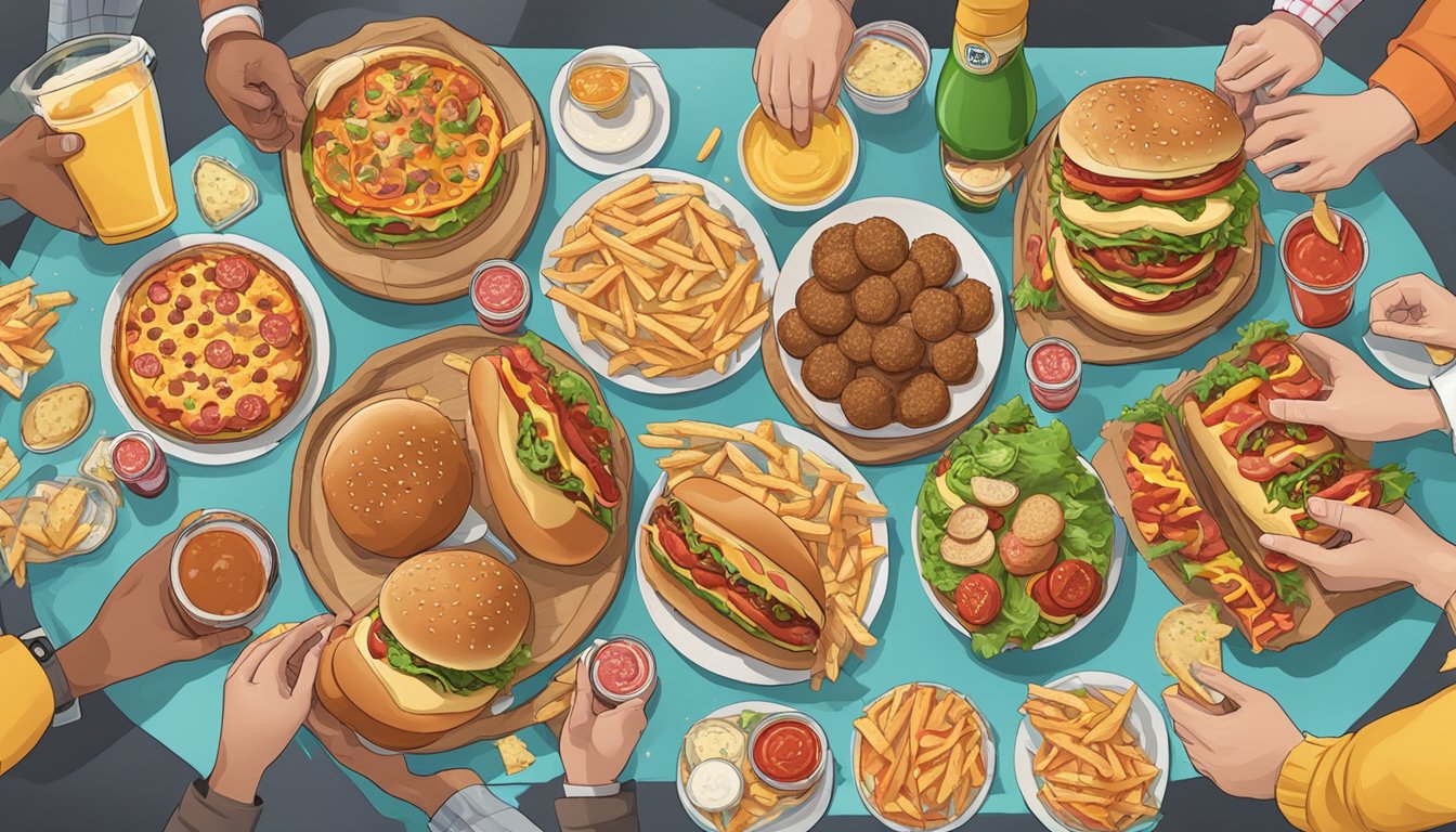 A table filled with various food challenge items, including burgers, hot dogs, and pizzas, surrounded by cheering spectators