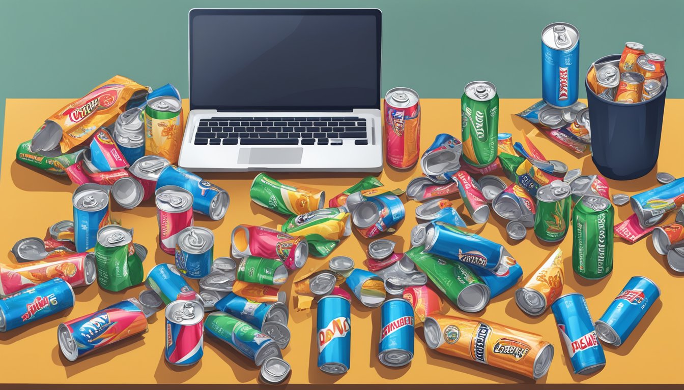 A cluttered desk with multiple empty Bang Energy Drink cans and a pile of discarded wrappers