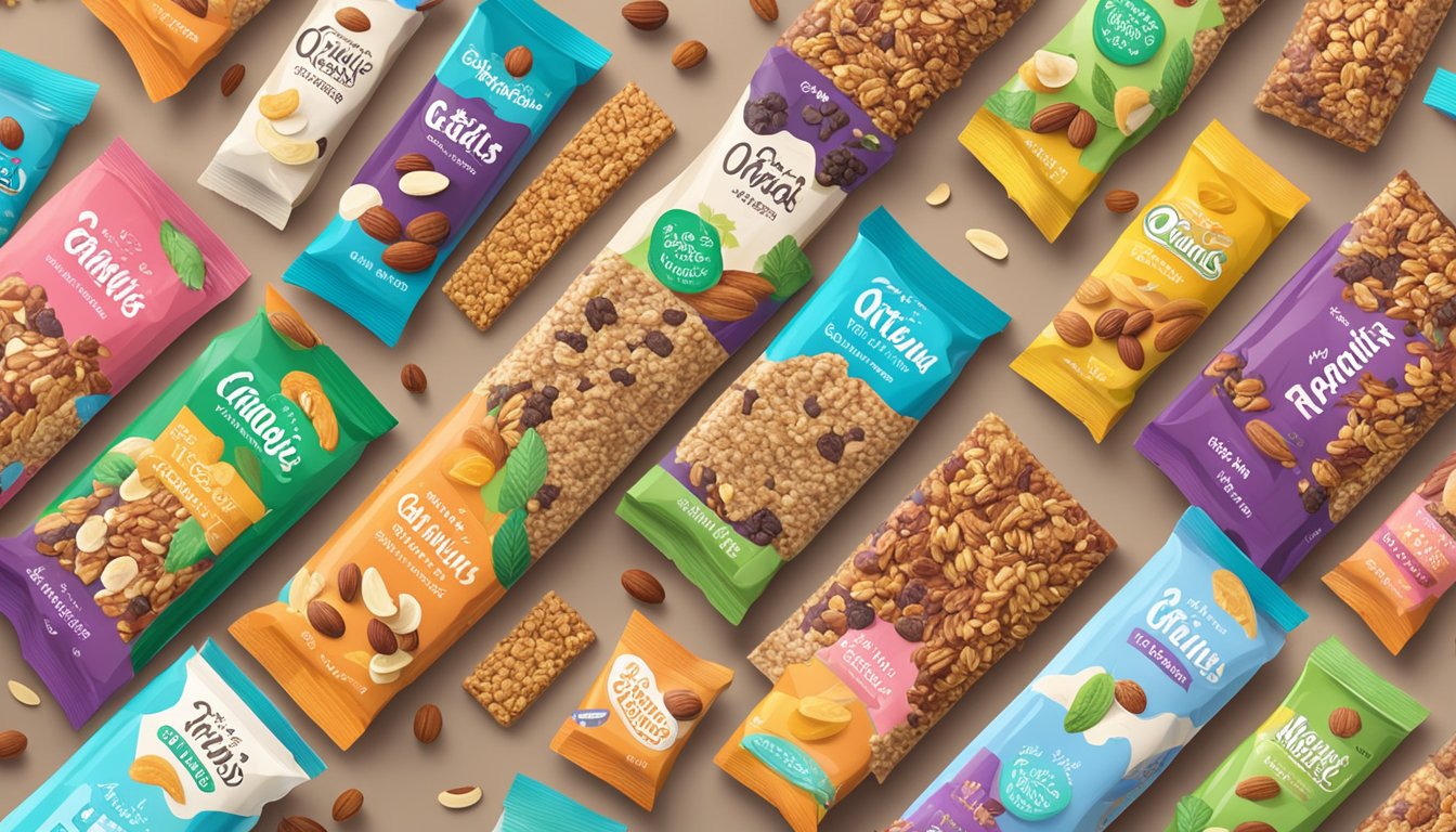 A colorful display of oatrageous granola bars in various flavors, surrounded by different snack options such as nuts, fruits, and yogurt