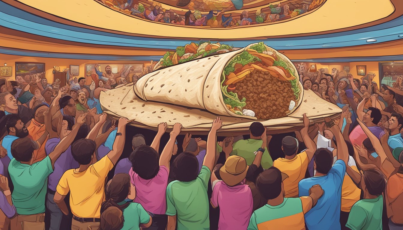 A massive burrito surrounded by cheering spectators at El Guapo's Cantina in Maryland