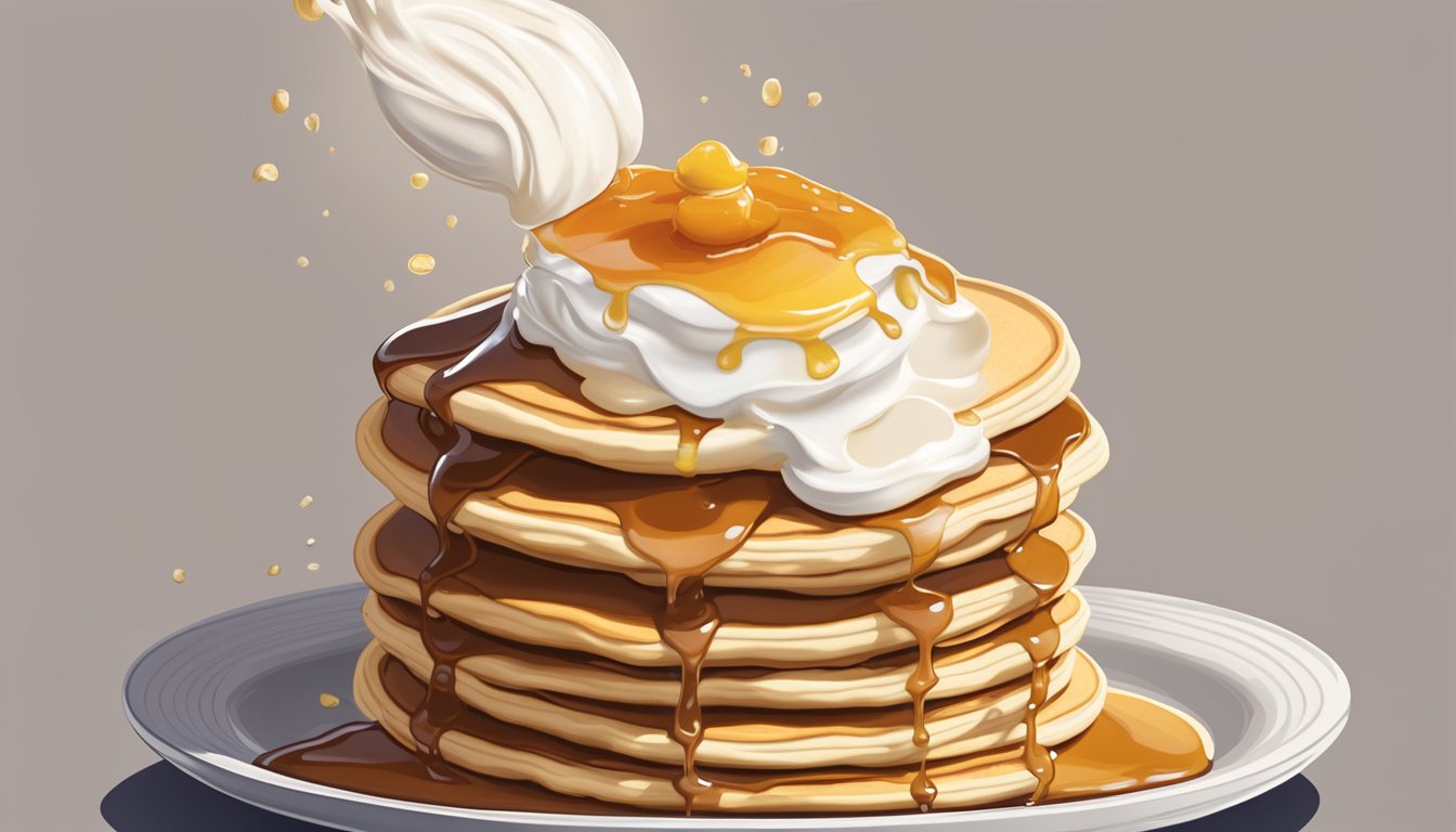 A towering stack of pancakes dwarfs the plate, topped with a mountain of whipped cream and a cascade of syrup