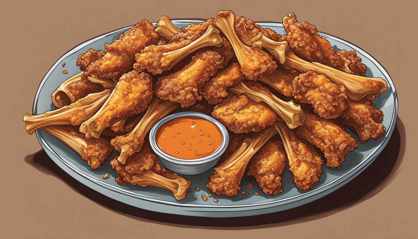 A pile of chicken wing bones, surrounded by spicy Louisiana sauce