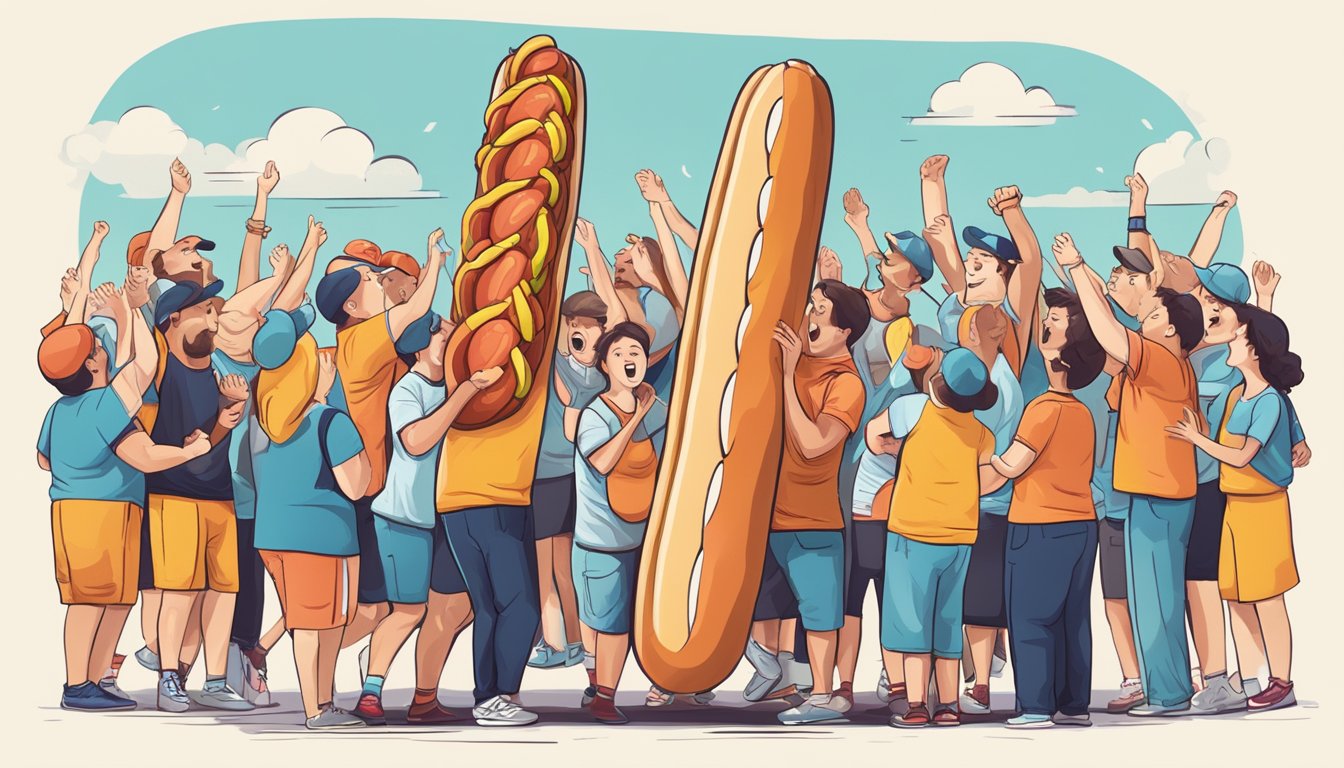 A towering hot dog challenge surrounded by cheering spectators and a stopwatch