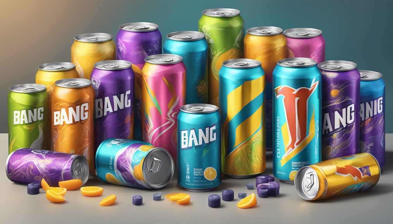 A table with various flavors of Bang Energy Drink, surrounded by empty cans