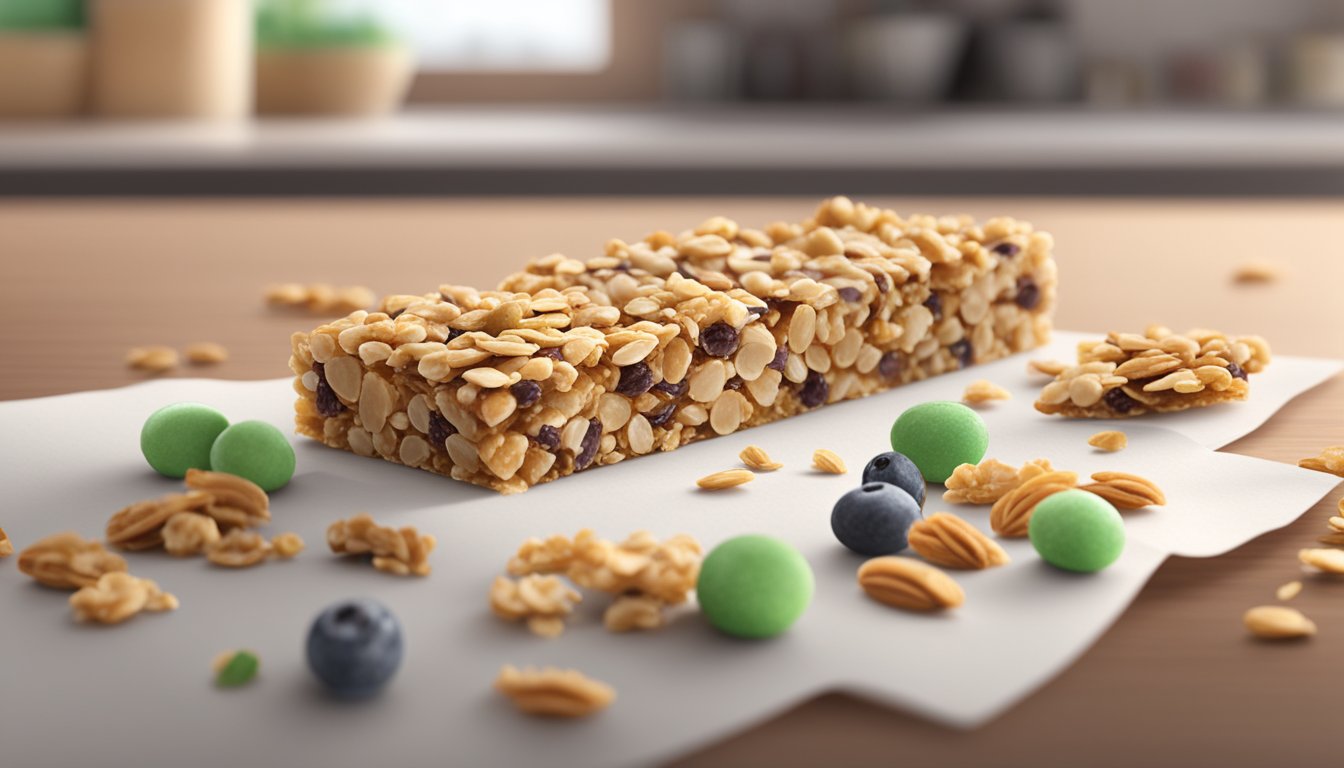 A pile of Kashi granola bars scattered on a kitchen counter, with a few wrappers nearby