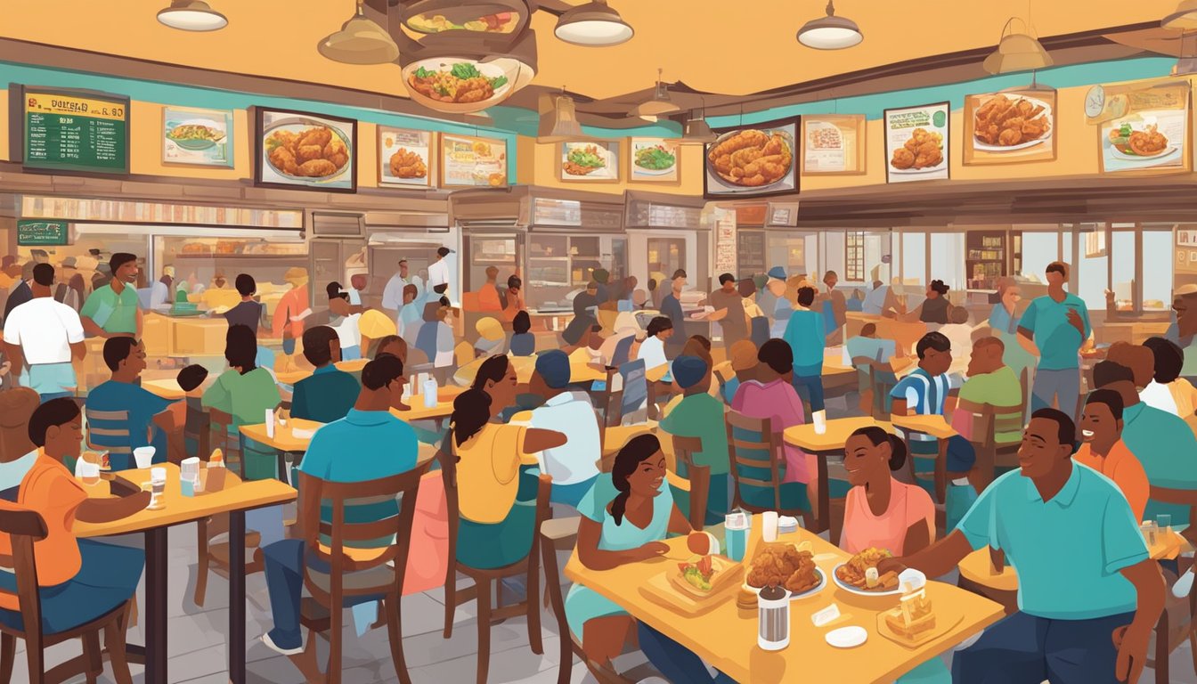 A colorful restaurant scene with tables full of fried chicken, bustling waitstaff, and happy customers enjoying Louisiana cuisine