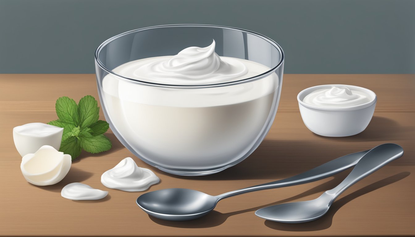 A table with a bowl of siggis icelandic yogurt and a serving spoon beside it, with a portion of yogurt already scooped out