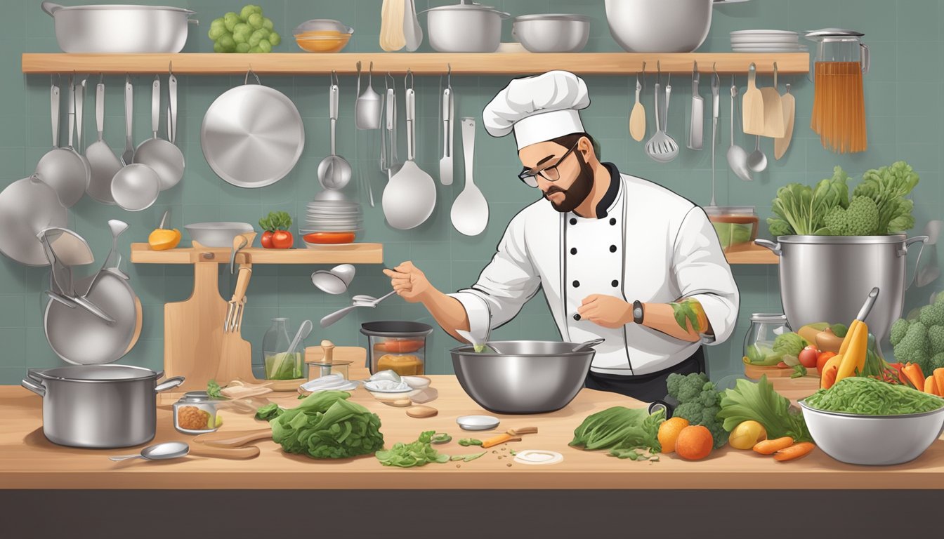 A chef meticulously plans and organizes ingredients for a food challenge, surrounded by cooking utensils and a timer