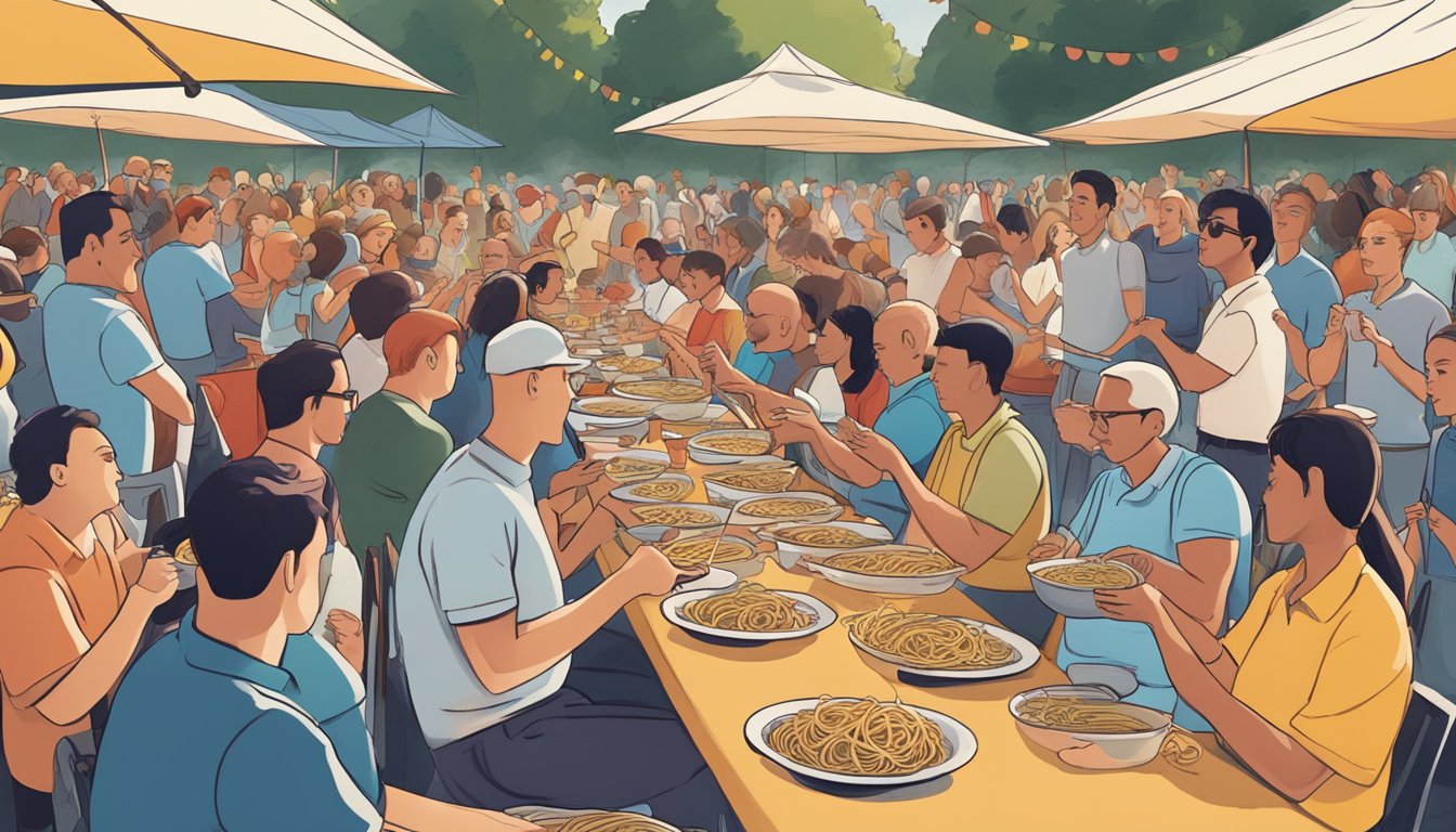 A crowded outdoor event with a long table lined with bowls of spaghetti. Contestants sit ready, while spectators cheer and snap photos