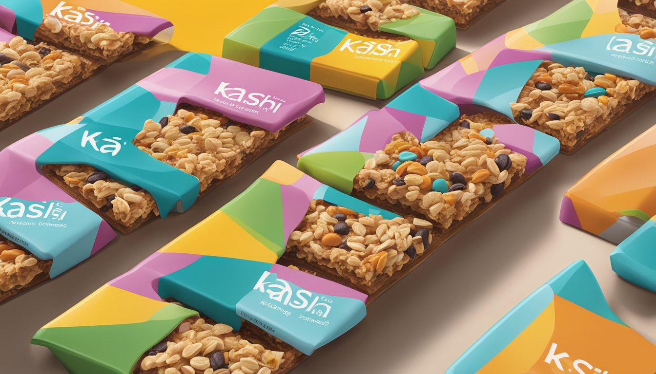 A colorful array of Kashi granola bars stacked on a clean, modern kitchen countertop