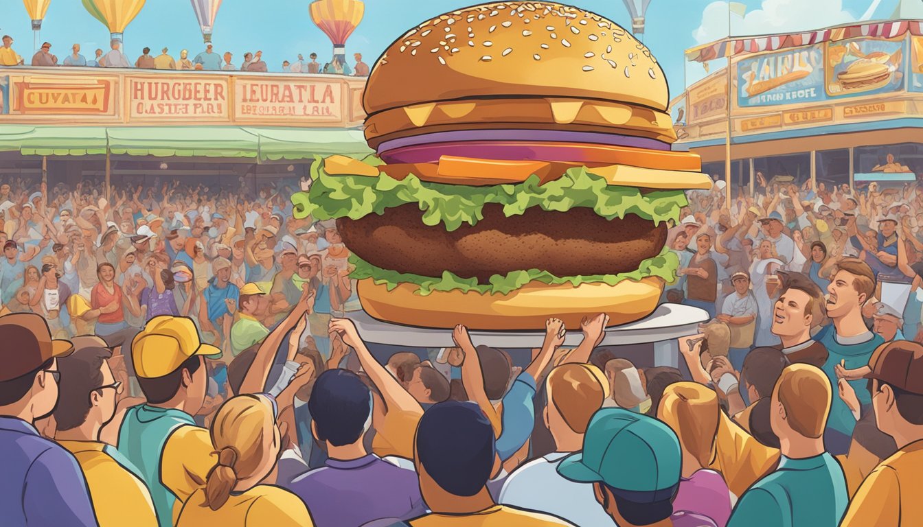 A towering hamburger surrounded by cheering spectators at the Louisiana State Fair