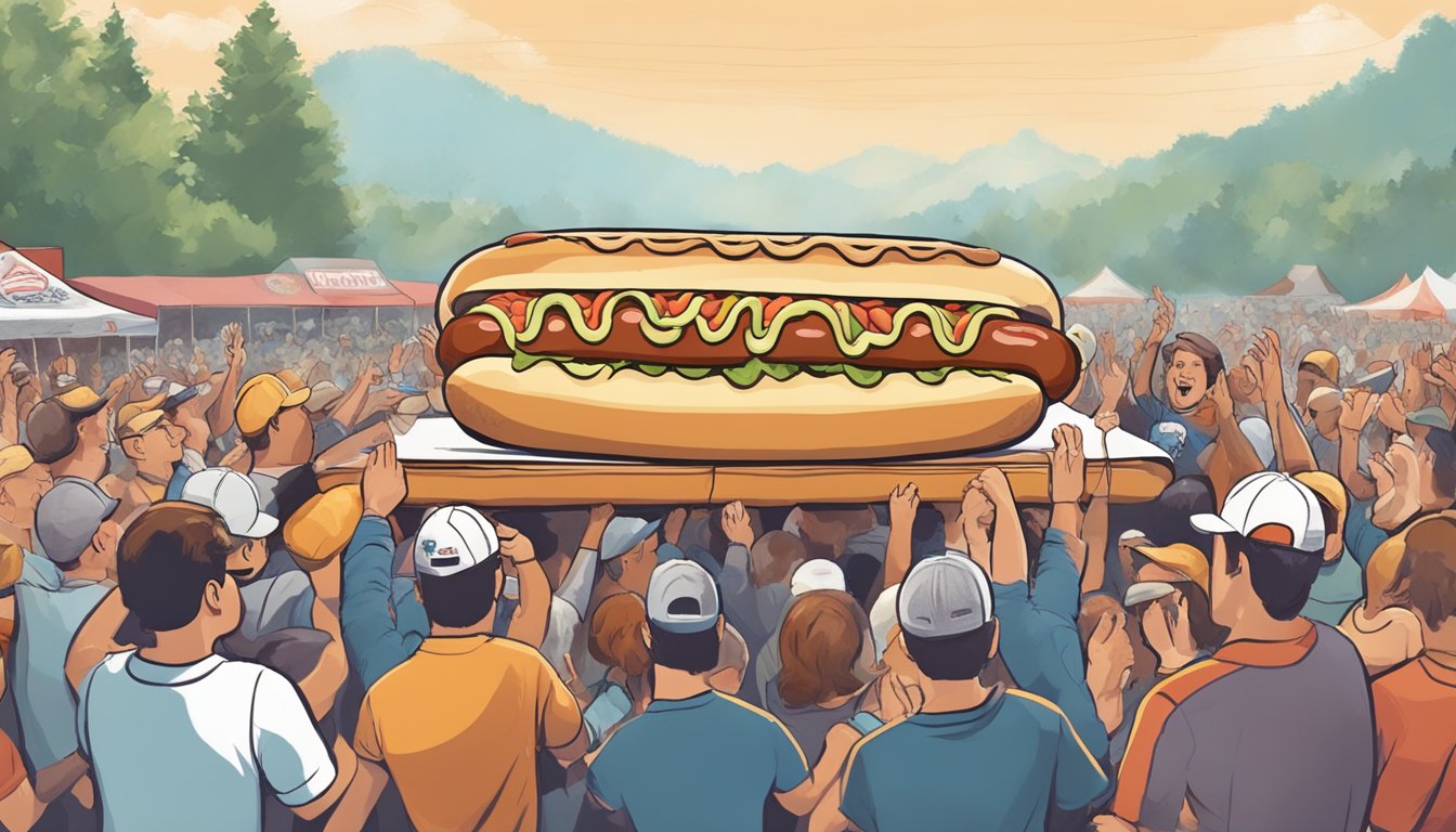 A giant hot dog topped with chili, coleslaw, and onions, surrounded by cheering spectators at the 'Hillbilly Hot Dog' Challenge in Kentucky