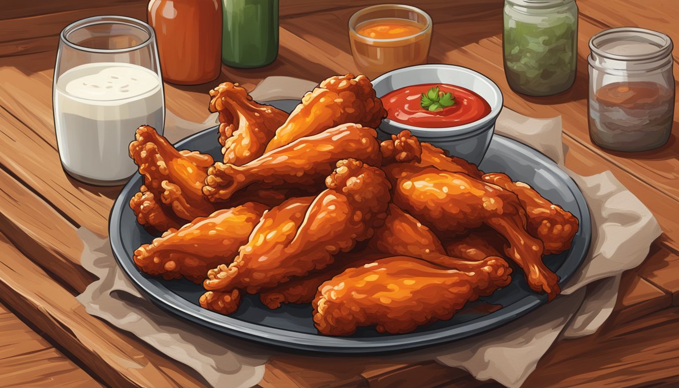 A steaming plate of fiery hot wings sits on a rustic wooden table, surrounded by bottles of hot sauce and a glass of milk