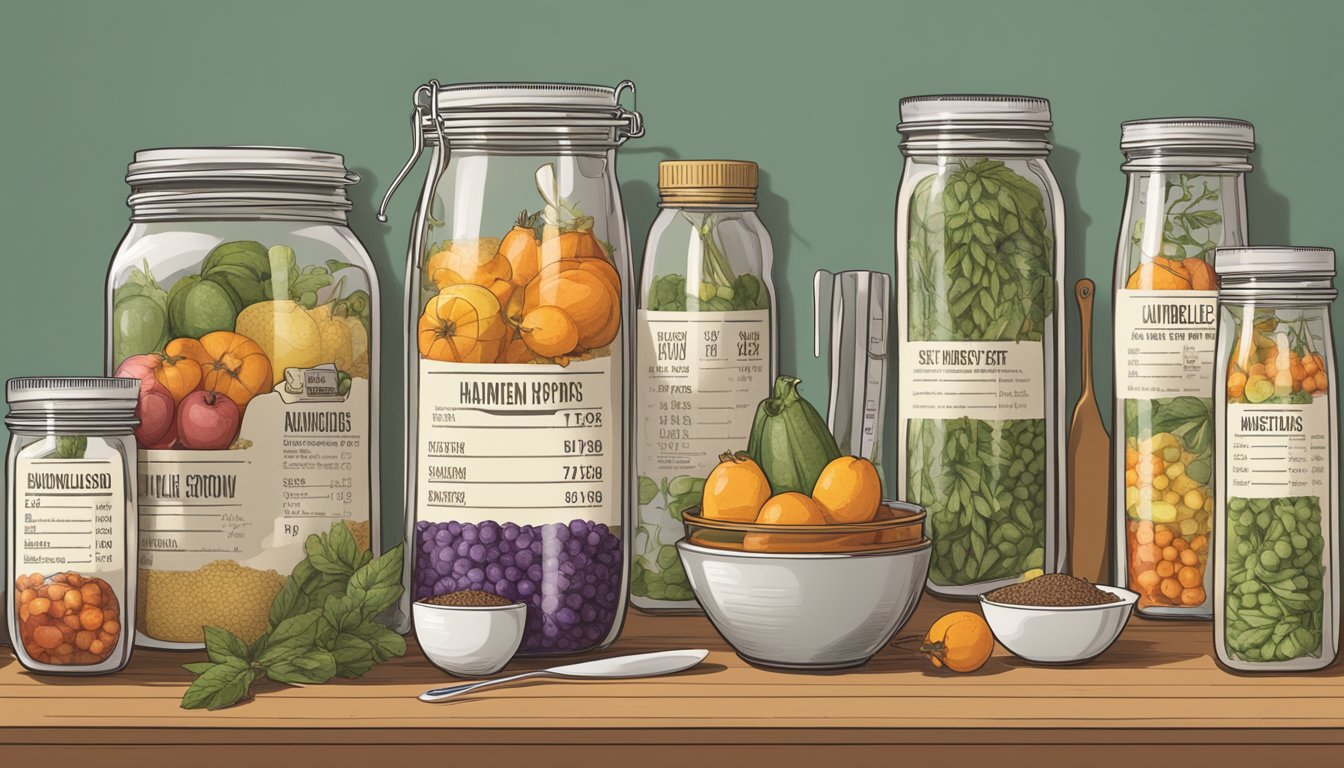 A table with various sizes of Harmless Harvest bottles, surrounded by measuring cups and spoons. A nutrition label with serving size information is prominently displayed