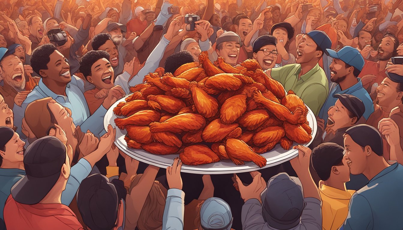 A mountain of fiery red chicken wings piled on a plate, surrounded by onlookers cheering and cameras flashing