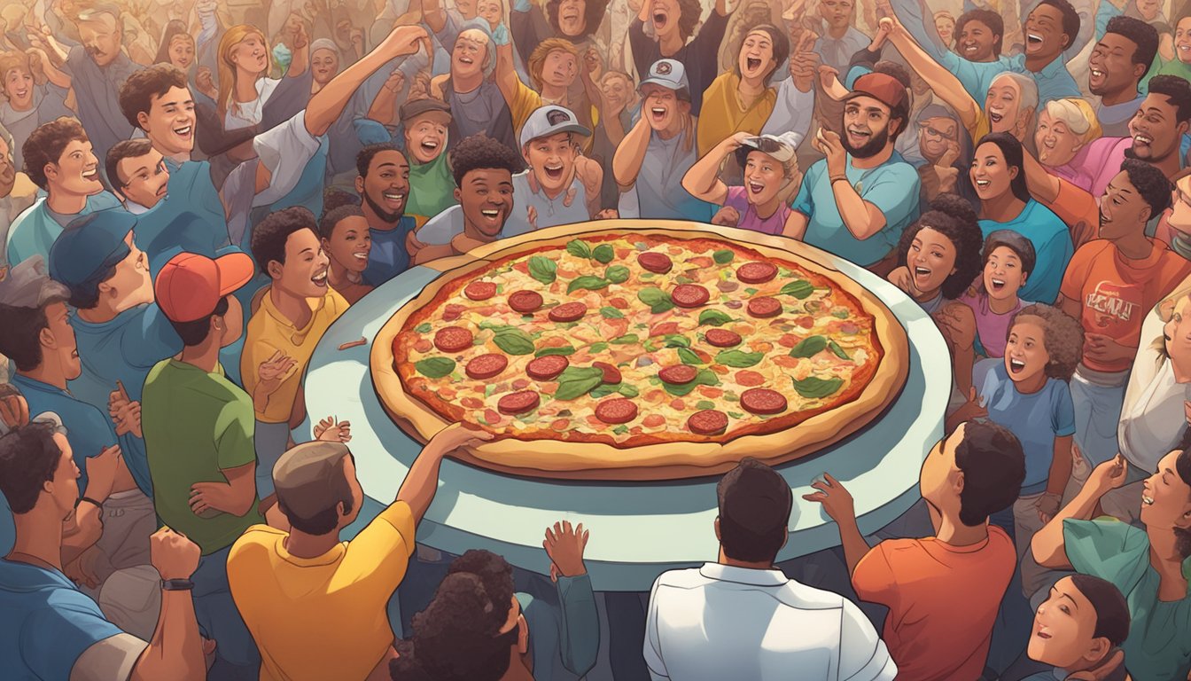 A massive pizza with Louisiana-inspired toppings sits on a table, surrounded by cheering onlookers