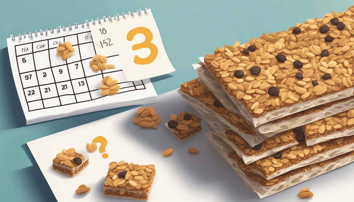 A pile of Kashi granola bars stacked on a table, with a calendar and a question mark symbolizing the concept of moderation and daily consumption