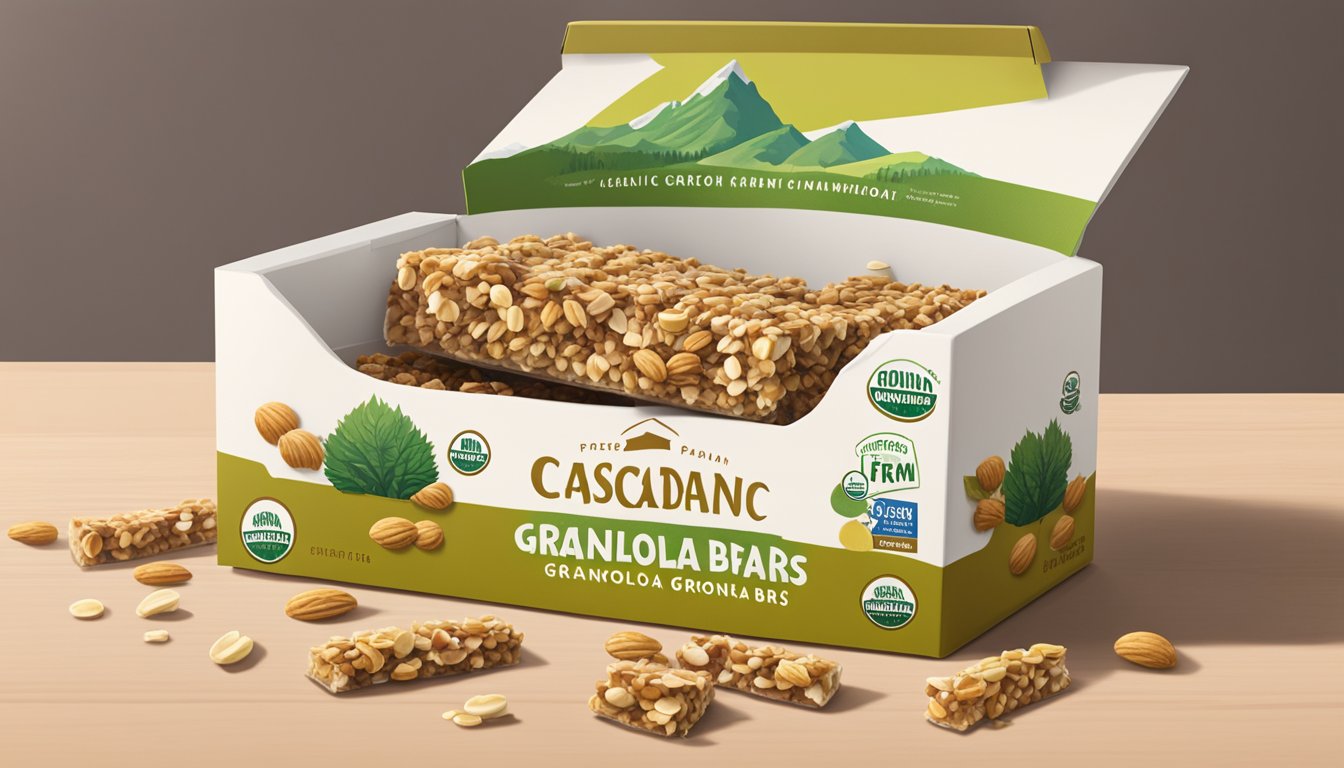 A pile of Cascadian Farm organic granola bars spilling out of an open box, with a few scattered on a countertop