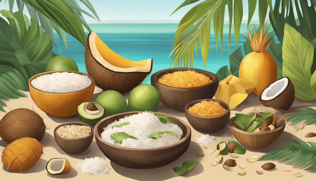 A table with various Harmless Harvest products and serving sizes, surrounded by scattered coconut shells and tropical foliage