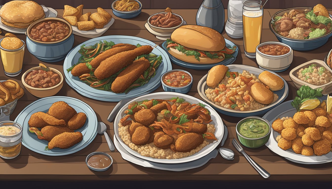 A table filled with iconic Louisiana dishes, including gumbo, jambalaya, beignets, and po'boys, surrounded by eager challengers