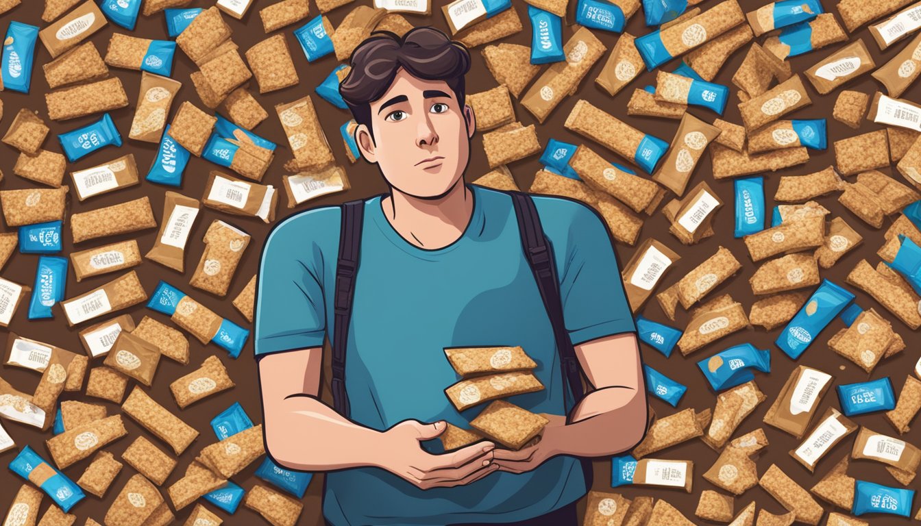 A person surrounded by empty Kashi granola bar wrappers, with a concerned look on their face as they hold a handful of the bars