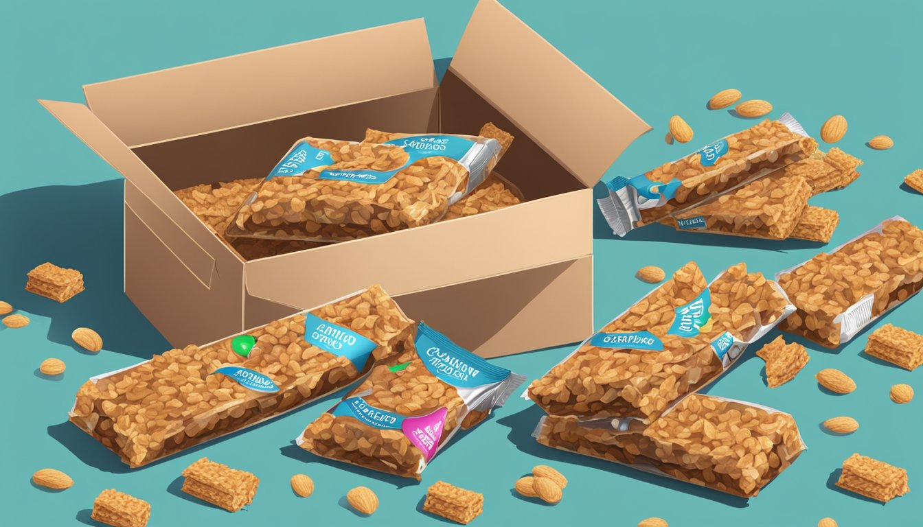 A pile of granola bars spilling out of an open box, surrounded by empty wrappers