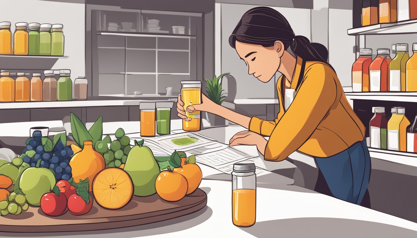 A table with various fruit juice bottles, a measuring cup overflowing with juice, and a person looking concerned while reading a nutrition label