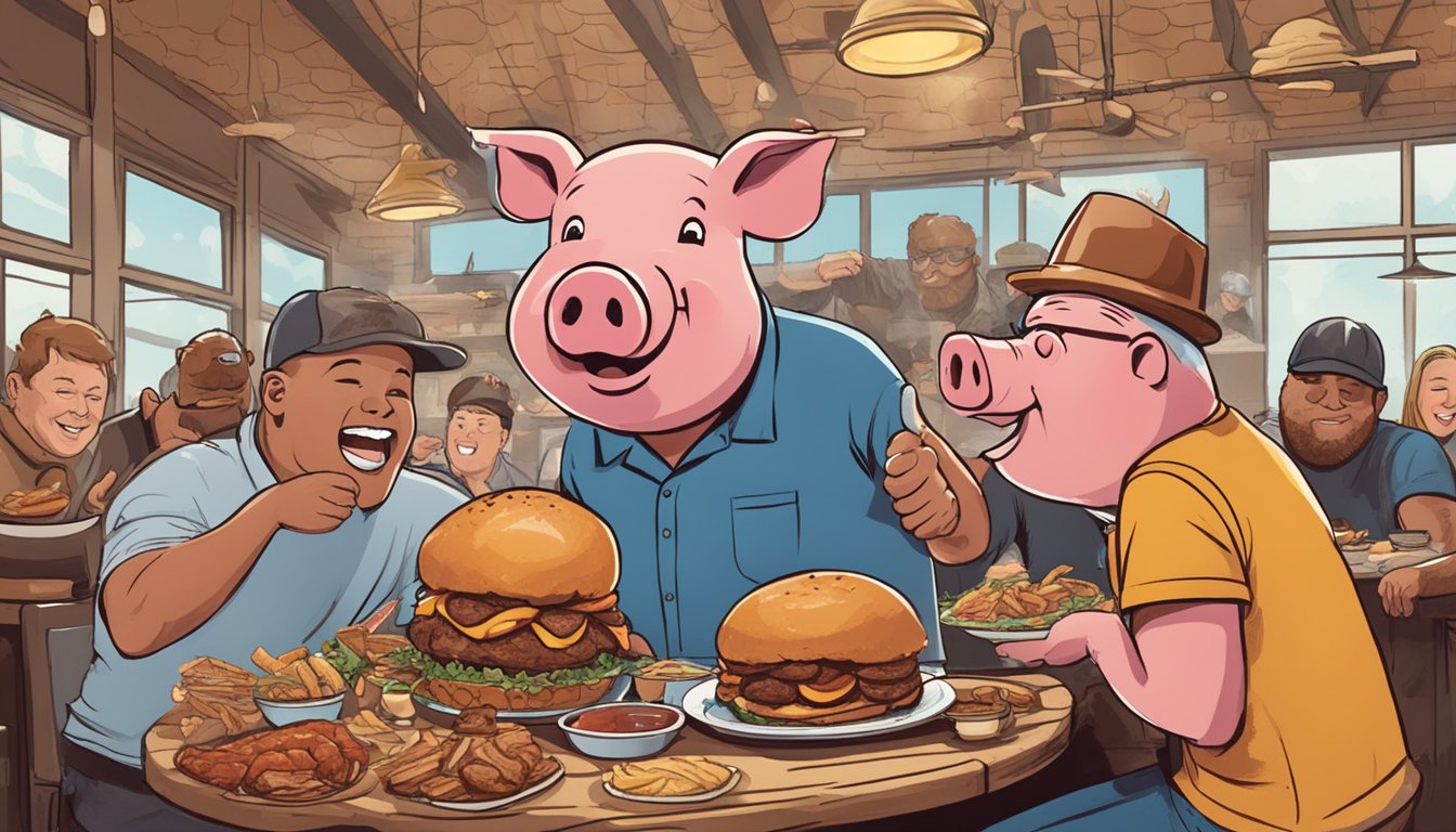 A pig and a man face off in a food challenge at Hog Wild's in Kansas, surrounded by cheering spectators and a table piled high with barbecue dishes