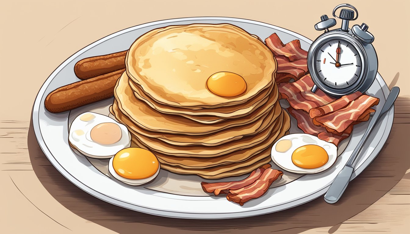 A towering stack of pancakes, eggs, bacon, and sausage on a massive plate, with a stopwatch next to it